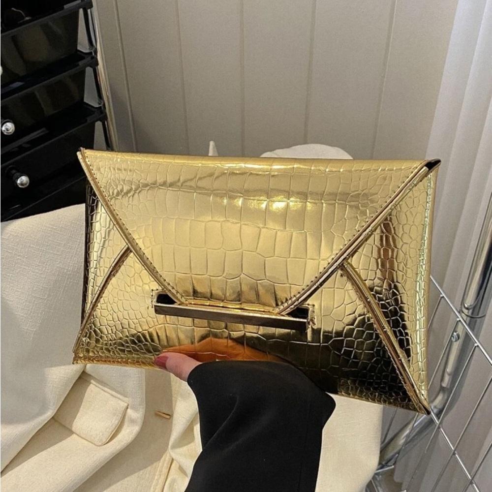 Gold Croc-Embossed Envelope Clutch